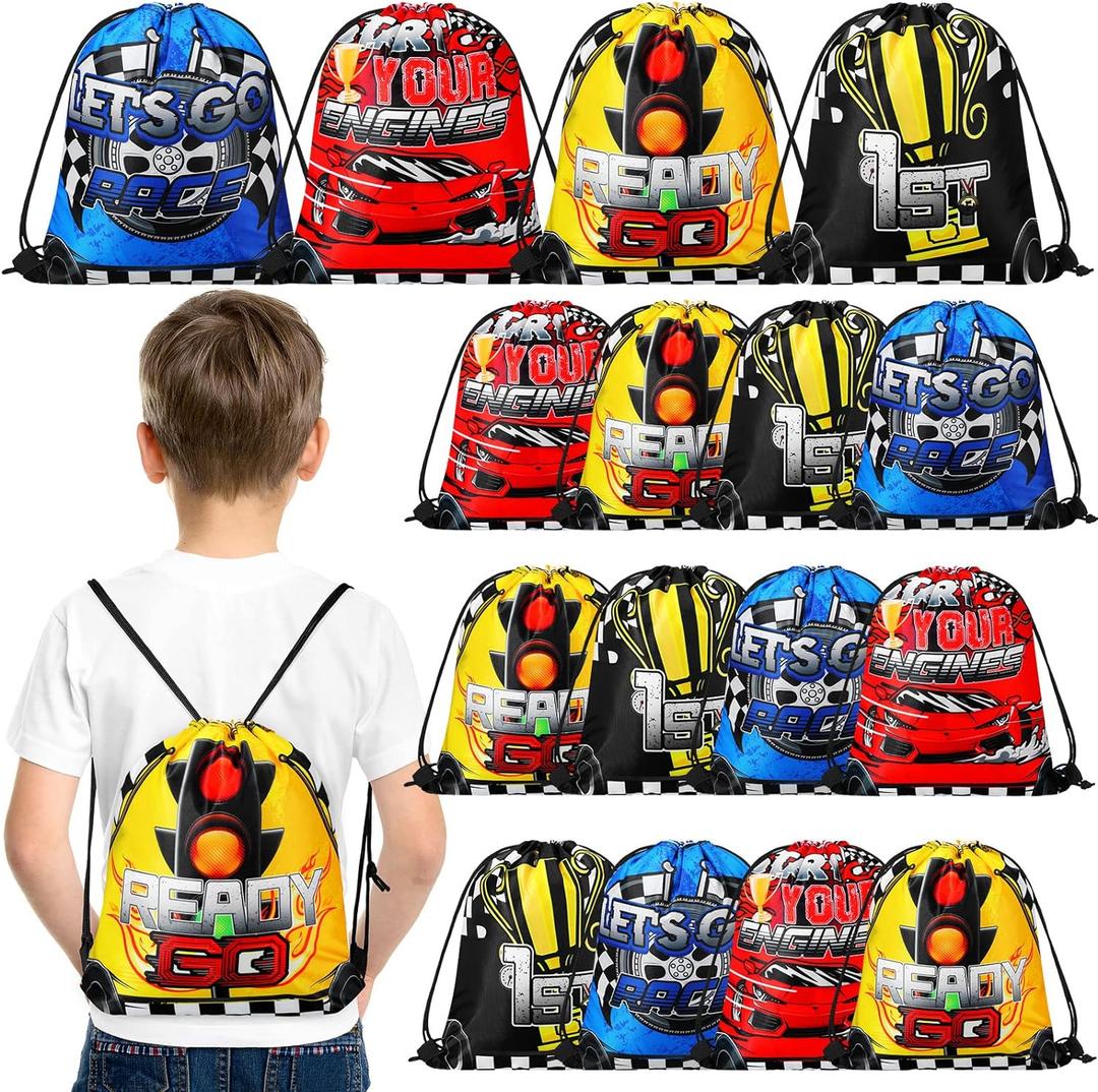 Ferraycle 32 Pcs Race Car Birthday Party Supplies Race Car Favor Bags Goodie Drawstring Bags for Gifts, 4 Styles