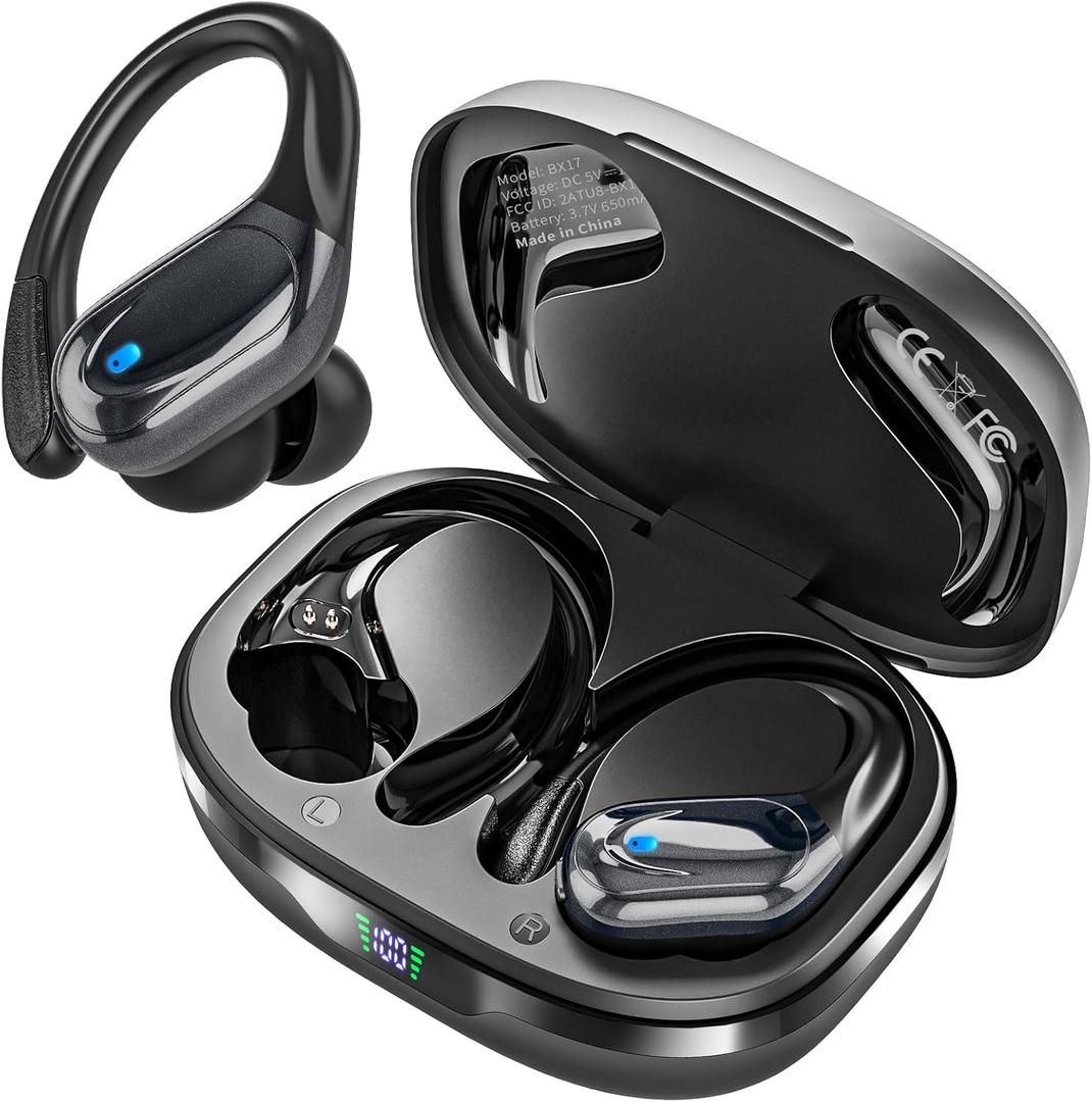 Catitru Wireless Earbuds Bluetooth Headphones 80H Playback Ear Buds Power Display with Noise Canceling Mic with Earhooks for Sports/Workout - Black