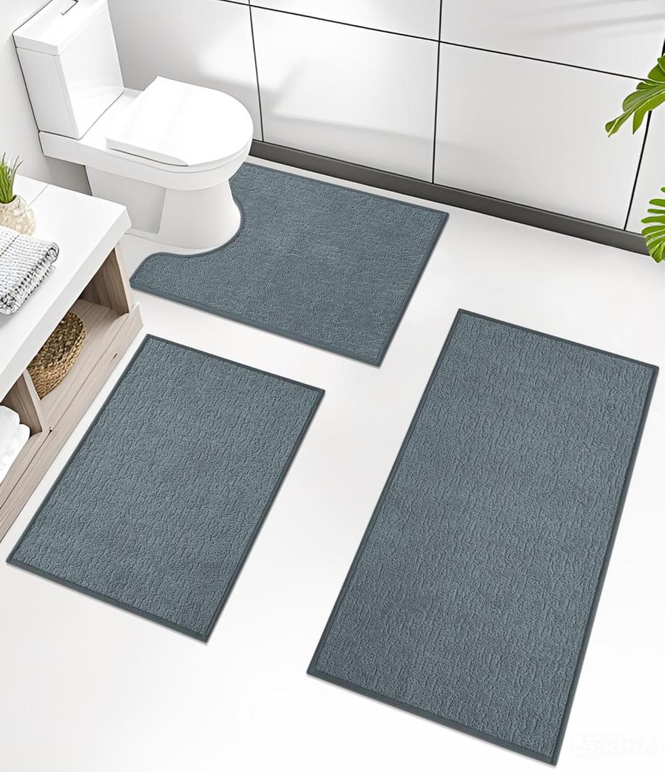 chakme Bathroom Rug Set 3 Piece, Ultra Thin Bath Mat Quick Dry, Absorbent, Non Slip, Machine Washable, Light Blue, 17" x 24" / 17" x 30" / 17" x 59" Geometric Design
