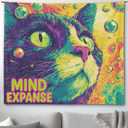 Xolytar Trippy Cat Tapestry Mind Expanse - Psychedelic Hippie Wall Art, Neon Colorful Funny Animal Decor for Stoner Room, College Dorm, Party Background (50x60)
