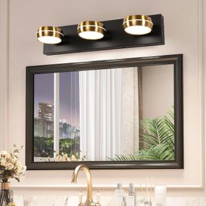 Brass LED Bathroom Lights Fixtures Over Mirror Modern 3 Light Black Bathroom Vanity Light for Mirror Indoor Gold 20.3" Inch Restroom Wall Sconces Dimmable 18W Cool White 5500K (3 Lights-dimmable, Black+Gold)