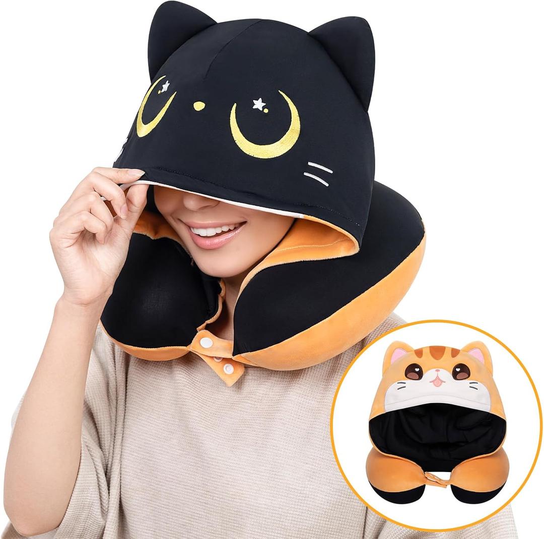Travel Neck Pillow for Kids & Adults with Hood  Double-Sided Airplane Pillow,Cute Design,Cooling Ice Silk & Soft Velvet,Memory Foam Support,Adjustable Strap,Easy to Clean for Travel & Long Flights (Orange)