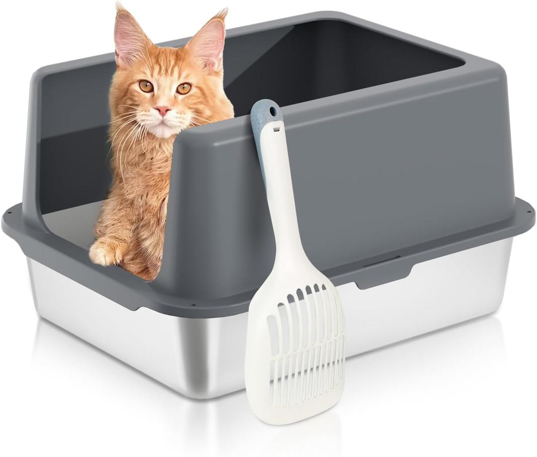 Stainless Steel cat Litter Box, Covered Metal Litter Box, cat Litter Pans with high Sides, Kitty Litter Boxes for Indoor Cats (Non Sticky, Easy to Clean, Anti-Urine Leakage) 17.5" L x 13.5" W x 4" H