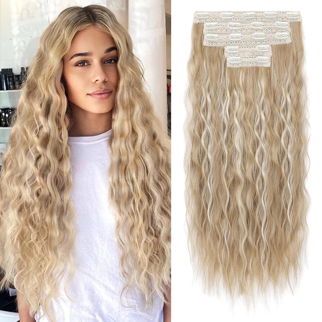 REECHO Clip in Hair Extensions, 5PCS Brown Hair Extensions 24" Thick Long Loose Waves hair extensions HE002 Invisible Lace Weft Natural Soft Hairpieces for Women  Medium Blonde with Highlights