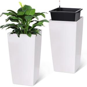 30" Tall Planters Set of 2, Outdoor Indoor Black Planter Pots, High Front Porch Planter Pots with Drainage HolesWater Level MonitorInner Bucket, Automatic Watering, White