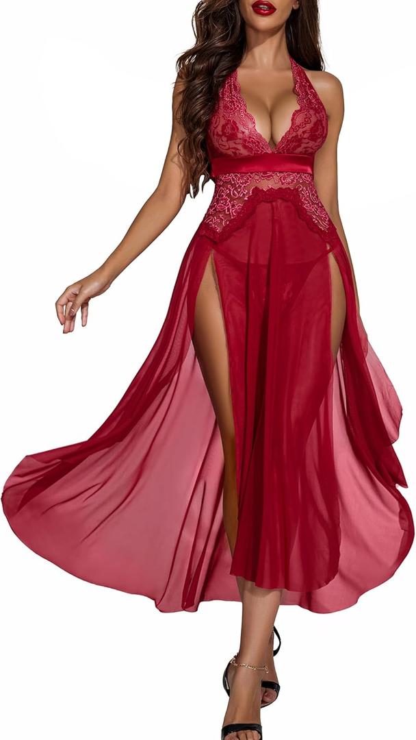 Avidlove Women Lingerie Deep V Neck Nightwear One Piece Sexy Nightgowns Mosaic Lace Mesh Dress (Red)