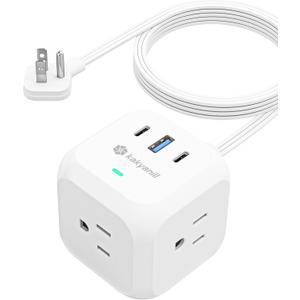 Power Strip Cube with USB Ports, 900 Joules Surge Protection, 5 ft Flat Plug Extension Cord, 3 AC Outlet 3 USB Ports(2 USB C), Desk Charging Station for Home Office Travel, White