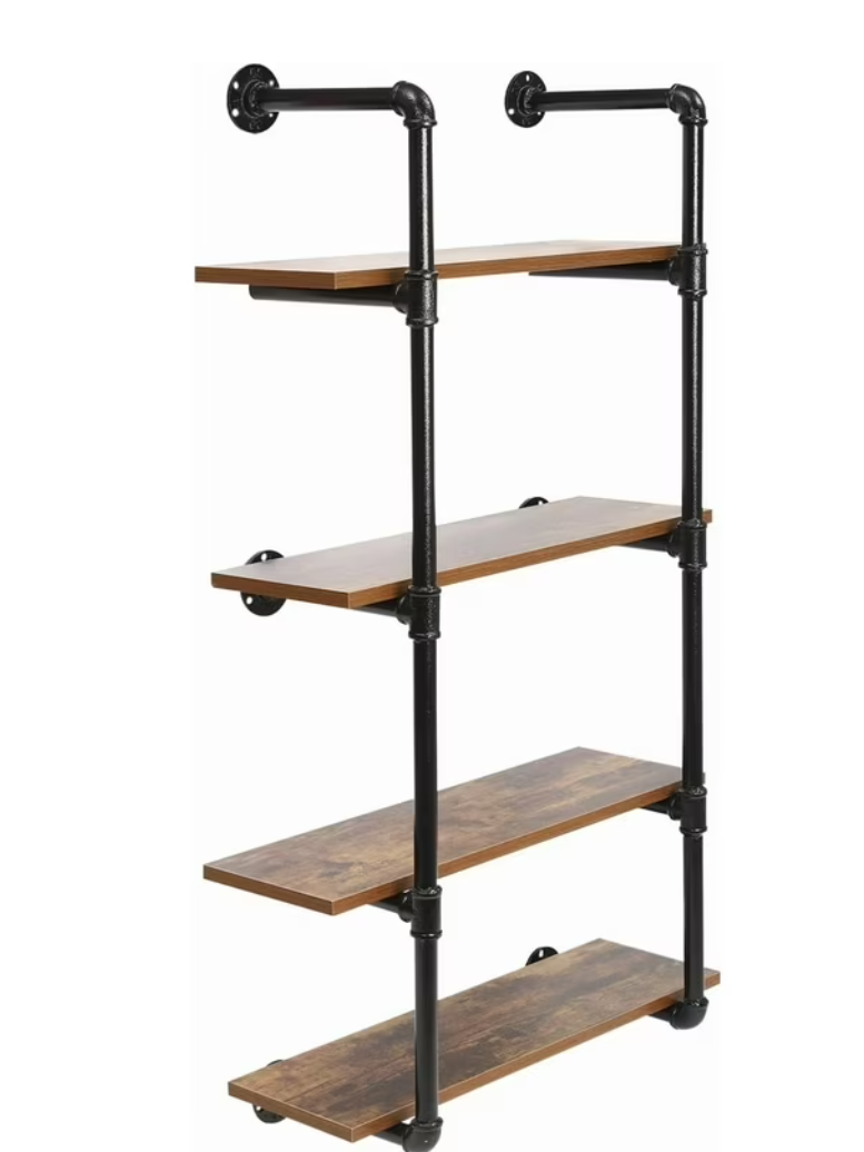 24" Pipe Shelving Wall Mounted Rustic Metal Floating Shelves, Wall Mount Bookshelf 4 Tier, Real Wood Book Shelves Shelf, Vintage Retro Wall Shelves for Kitchen Bar Office