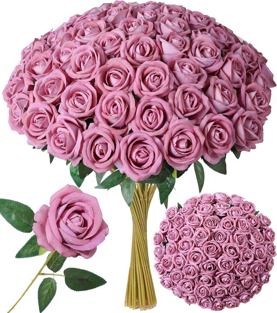 50 PCS Roses Artificial Flowers, Realistic Fake Roses with Long Stems Silk Flowers for DIY Wedding Bouquet Party Celebration Home Bridal Shower Decoration Valentine's Day Gift for Her Wife, Dusty Rose