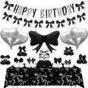 2 x Black Bow Happy Birthday Decorations - Women Girls Bow Theme Party Decorations with Honeycomb Centerpieces, Banner, Foil Balloons, Tablecloth, Elegant Black Girly Birthday Party Decor for Girls Women