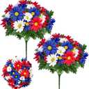 44 Heads Artificial Cemetery Flowers for Grave, 2 Bouquets UV Resistant Outdoor Grave Decorations Daisies, Red White Blue Patriotic Memorial Flowers for Veterans Outdoor Indoor USA 250th Anniversary