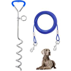 Supet Dog Tie Out Cable and Stake for Yard and Camping, Heavy Duty Stakes and Lead for Large Dogs up to 125lbs, Dog Scew and Tether for Outside (10FT) (Blue)