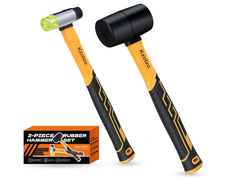 2-Piece Rubber Mallet Hammer Set, 8oz Rubber Hammer Mallet & 25mm Double-Faced Soft Mallet, Shockproof Fiberglass Handle with Cushion Grip, Damage-Free to Floor, Tile, Crafts