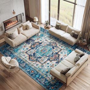 Mueinxiei Washable Vintage Area Rugs 9x12 Large Medallion Pattern Rugs, Non Slip Water Repellent Low Pile Carpet for Living Room Bedroom Dining Room Gemstone Blue