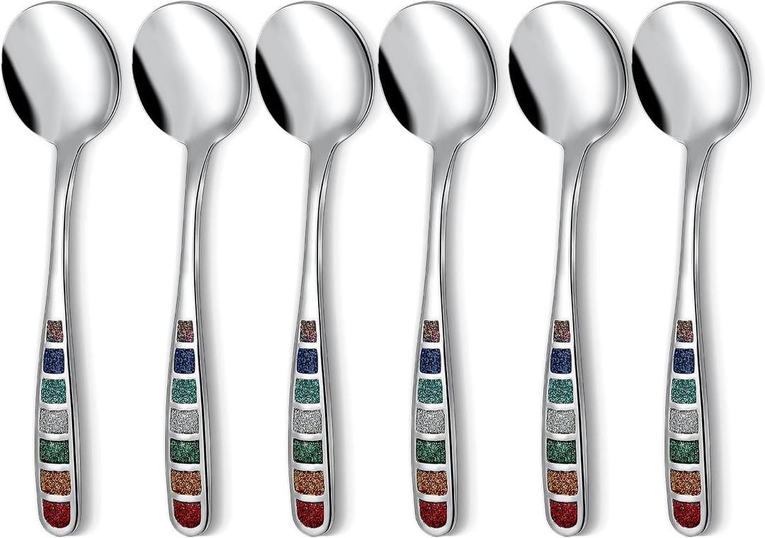Premium 7.24" European Soup Spoons, Stainless Steel creative colorful enamel spoon drinking spoon, Dishwasher Safe Disinfection cabinet Set of 6