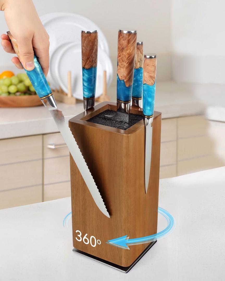 Magnetic Knife Block 360 Rotating Wood Universal Knife Holder with Four Side Ultra Strong Magnets, Knife Storage Rack with Removable Bristles, Multifunctional Storage for Kitchen Counter Top