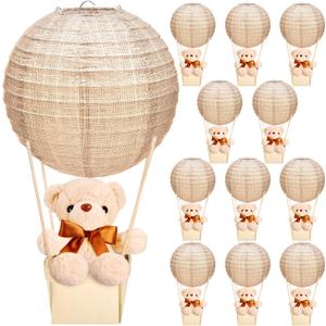 12 Sets Bear Hot Air Balloon Table Centerpieces for Baby Shower,DIY Paper Lanterns Stuffed Plush Bear Wooden Basket with Stick Adhesive Tape for Wedding Birthday Gender Reveal Party(Linen) (Brown)