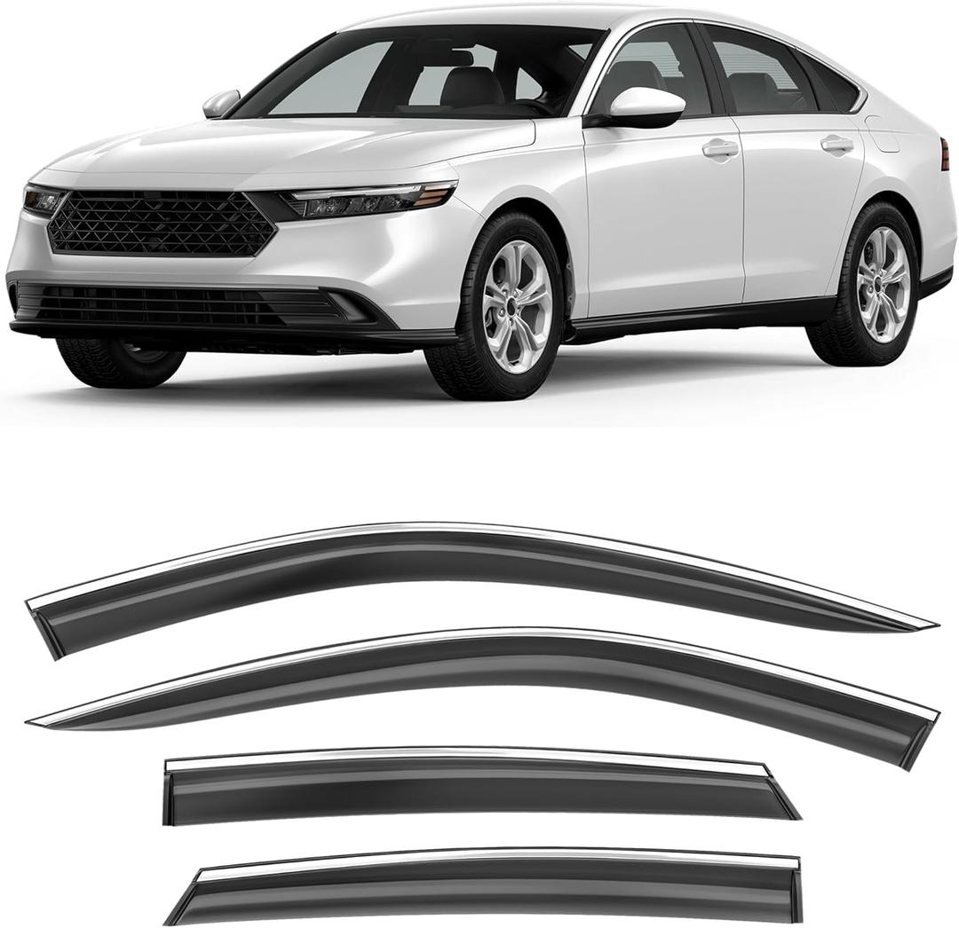 Shatterproof Taped-On Window Deflectors for Honda Accord 2023-2025 with Chrome Trim, Rain Guards, Window Visors for Car, Vent Deflector, 4pcs