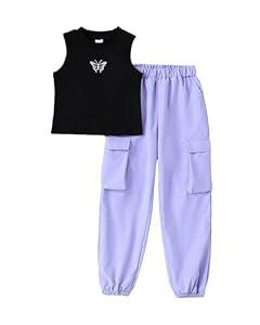 YOURUIKEY Tween Teen Girls Trendy Preppy Clothes Kids Spring Summer Outfits Sleeveless Tank Crop Top Cargo Pants Clothing Set Size 15-16