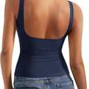 SUUKSESS Women Padded Open Back Boat Neck Tank Tops Double Lined Basic Shirts (Medium, Navy)