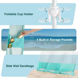 Rhino Valley Beach Cabana, 8*8FT Beach Tent UPF50+ Protection, Easy Setup Beach Canopy Wind Resistant with Cup Holder, Compact Beach Shade Foldable Beach Tent Sun Shelter for Whole Family Friend,Green