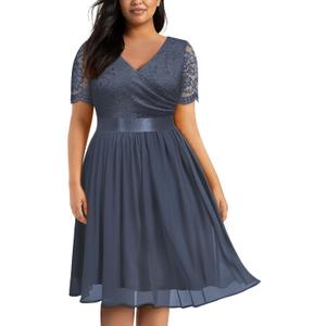 Miusol Women's Formal V Neck Floral Lace Contrast Chiffon Plus Size Ruffle Bridesmaid A-line Party Dress (Grey) - 1XL