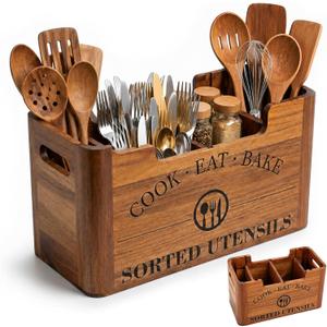Upgraded Large 4-Compartment Acacia Wood Kitchen Utensil Holder