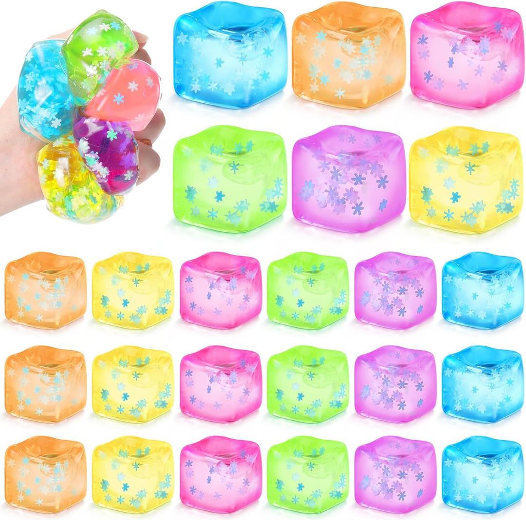 24 Pack Stress Cube with Snowflakes Slow Rising Ice Cube Stress Balls Sensory Squeeze Ball for Anxiety Relief for Party Favors Prizes Goodie Bag Stuffers(Colorful)