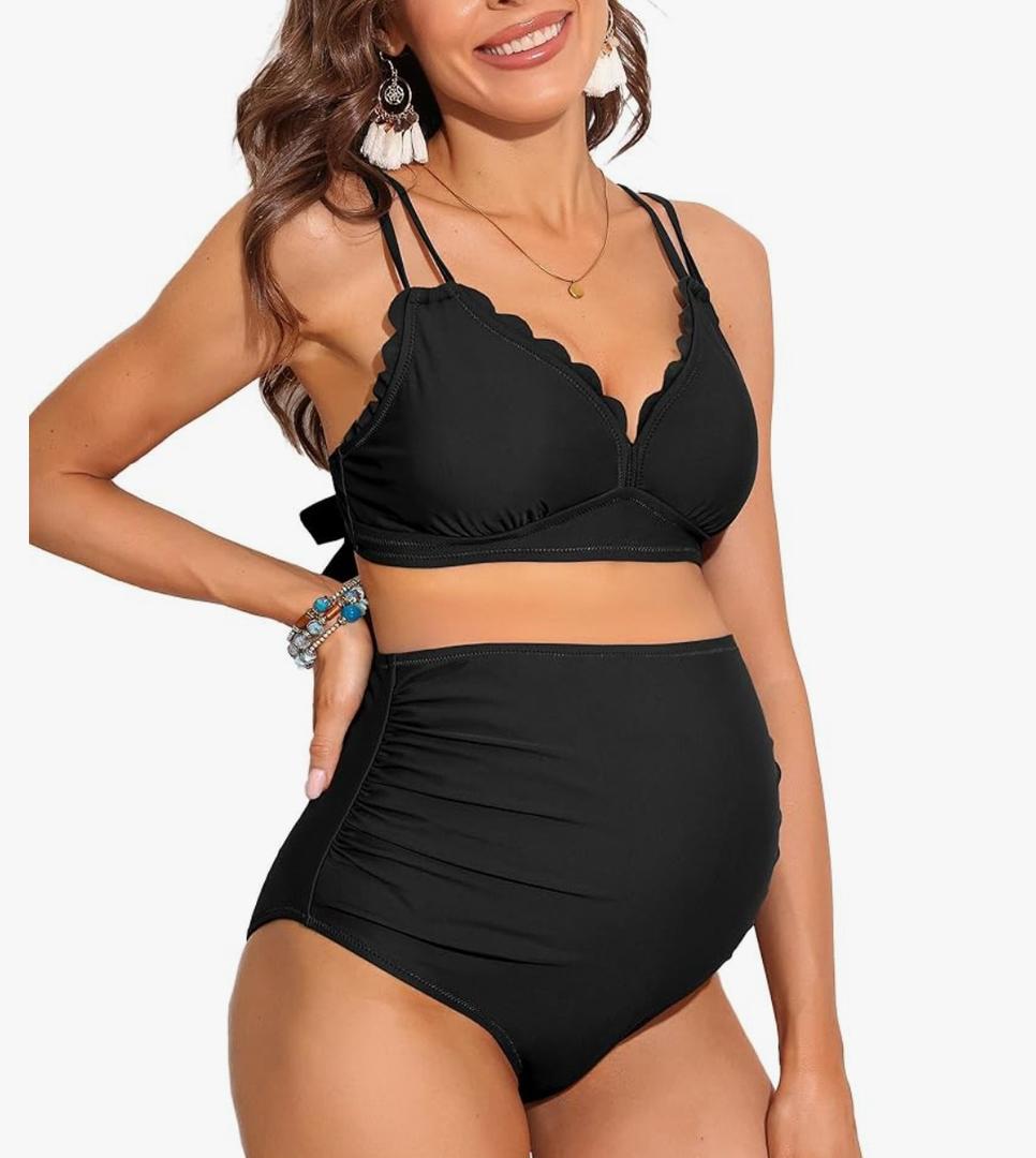 Charmo Scalloped Maternity Bikini Swimsuit Two Piece High Waist Ruched Pregnancy Bathing Suit Cute V Neck Swimwear Black, Size XL