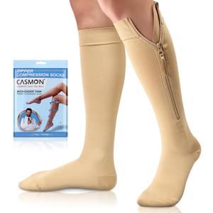 CASMON Zipper Compression Socks for Women & Men, 20-30 mmHg Closed Toe Knee High Support Sock, Medical Zip up Socks for Edema, Varicose Veins, Post-surgery, Swelling, Nurses, Pregnancy (1 Pair) (XX-Large, Beige)