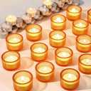 32 Set Tealight Candles with Gold Candle Holders Unscented Smokeless Votive Candles for Table Centerpiece Glass Ribbed Tealight Holders Bulk for Home Living Room Wedding Christmas Birthday