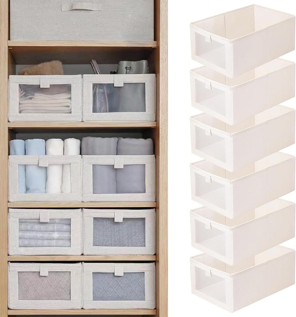 Linen Closet Organizers And Storage, 6 Pack Closet Storage Bins Linen Closet Baskets for Closet Organization Foldable Closet Organizer Bins with Clear Window For Organizing Clothing, Jeans, Shelves