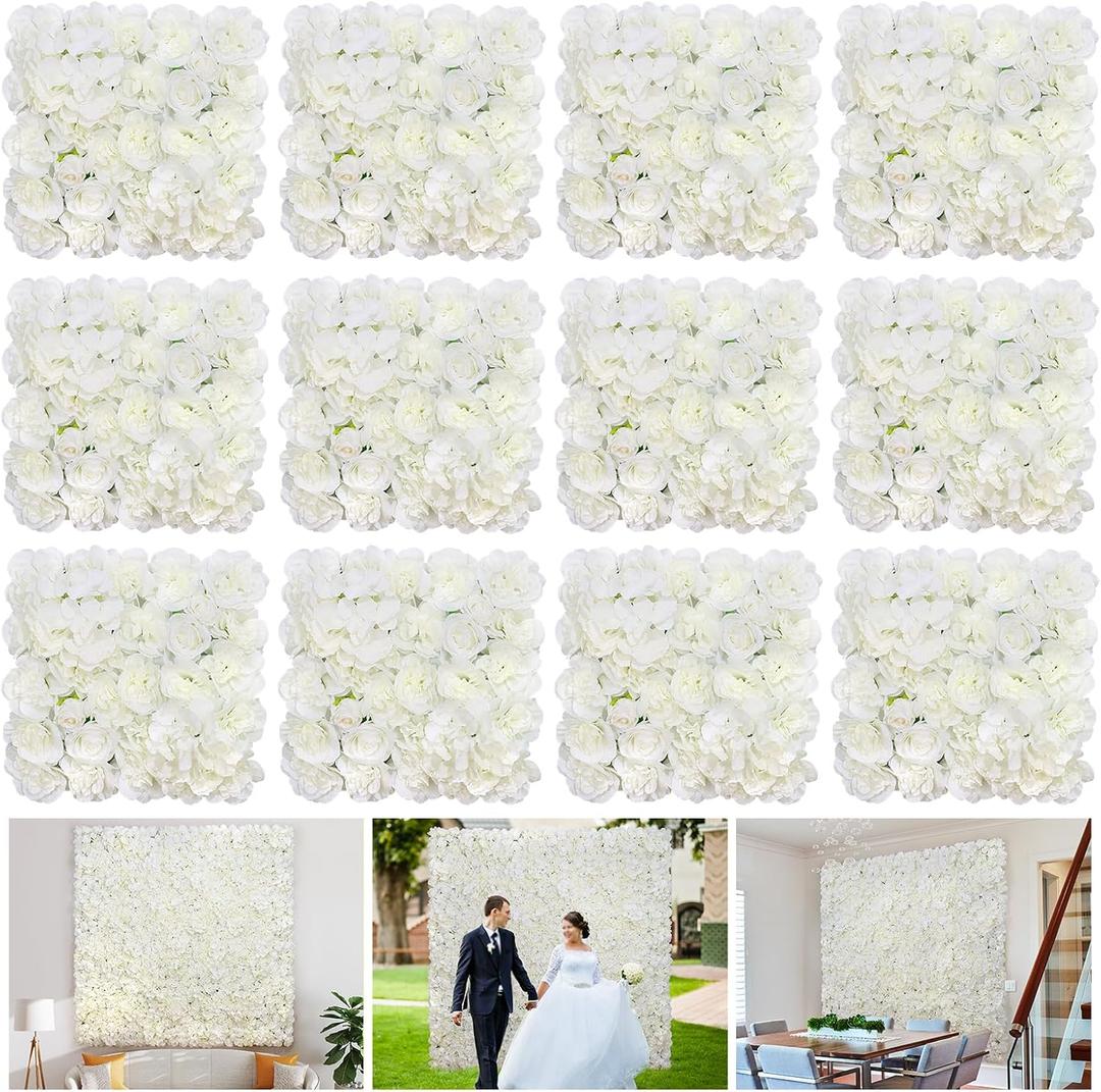 Flower Wall Backdrop 12-Pack 16.5"* 16.5"Artificial Silk Flowers Rose Floral Panels Spring Wedding Home Mother's Day Valentine's Day Photography Event Party Decoration -White