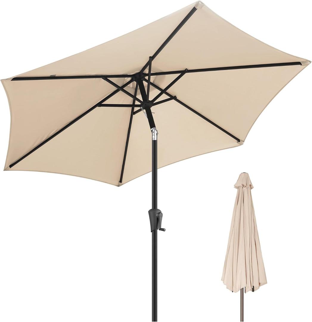FLAME&SHADE Patio Umbrella Outdoor with Push Button Tilt, 9 ft Beige | UV Protection, Waterproof, Porch Deck Umbrella for Pool, Lawn, Table, Garden, Backyard, Provides Shade