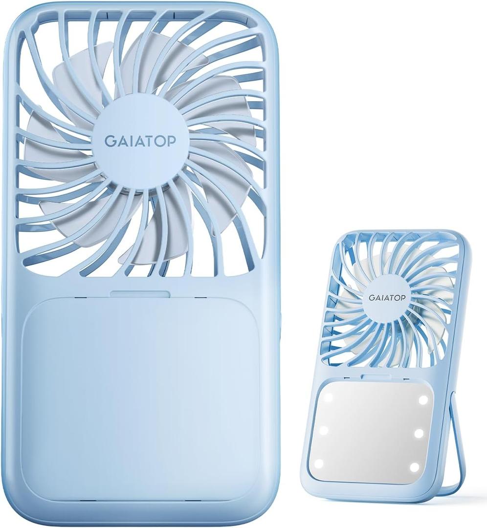Gaiatop Portable Handheld Fan, 3 Speed LED Makeup Mirror with Light, Folding Stand for Desktop, Rechargeable Mini Personal Fans Small Travel Essentials Gifts for Women Girls (Blue)