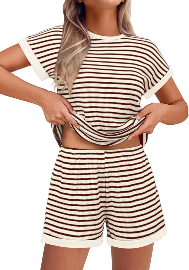 Ekouaer 2 Piece Sets for Women Summer Outfits Cute Stripe Knit T Shirts Shorts Matching Lounge Set (Brown, XXL)
