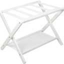 VASMIA Luggage Rack, Folding Suitcase Stand with Storage Shelf,Bamboo Luggage Stand for Guest Room,Bedroon and Hotel,Holds up to 131 lb,Fit Most Luggage Size,White