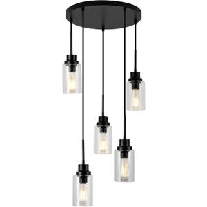 5-Light Kitchen Island Dimmable Pendant Lights with Clear Glass Shade, Black Finish for Dinning Room, Living Room, Kitchen Island