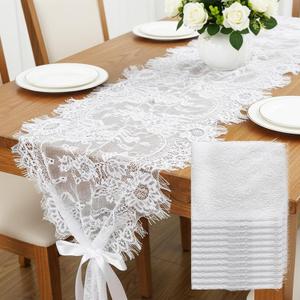 12PCS White Lace Table Runners, 14 x 120 Inch Rustic Vintage Table Cloth with Floral Embroidery for Wedding Bridal Thanksgiving Christmas Baby Shower Party, Boho Lace Tablecloth Home Decor