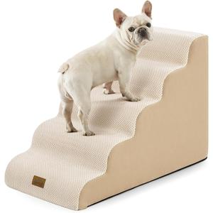 COZY KISS Wide Dog Stairs 19.7" Width, Pet Step for Small Medium/Large Dog, Puppy or Cat, Pet Ramp for High Bed or Car, High Density Foam Ladder, Stable, 5 Step, 19.7x33x22.4 in, Beige