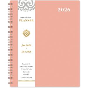 2 x 2026 Monthly Planner - Monthly Planner 2026, Jan. 2026 - Dec. 2026, 9" x 11", 12-Month Planner, Tabs & Pocket, Twin-Wire Binding - Rosy Pink