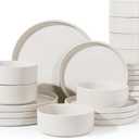 Famiware Nebula 24-Piece Dinnerware Set, Matte Beige White | Stoneware Plates and Bowls, Handmade Reactive Glaze, Microwave & Dishwasher Safe, Chip & Scratch Resistant