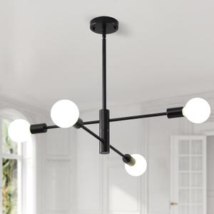 HHR 4-Light Sputnik Chandelier, Black Modern Chandelier Ceiling Light Fixture, Height Adjustable Chandeliers for Dining Room Kitchen Island, Mid Century Pendant Lighting for Living Room