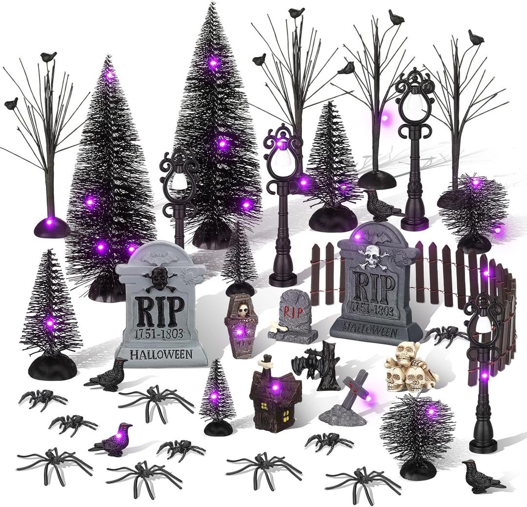 Zeyune 33 Pcs Halloween Village Accessories Set Miniature Halloween Figurines Bare Branches Bottle Brush Trees Tombstones Spiders Resin Horror Village Collections for Town Decorations