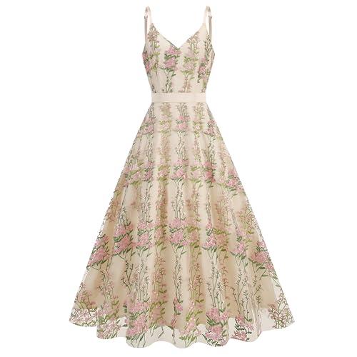 Women's Floral Embroidered Tulle Prom Maxi Dress A line Evening Gowns Summer Long Floral Embroidery Tulle Dress for Women Flower Prom Dress Formal Wedding Guest Evening Dress Apricot-Pink Floral 9-10Y