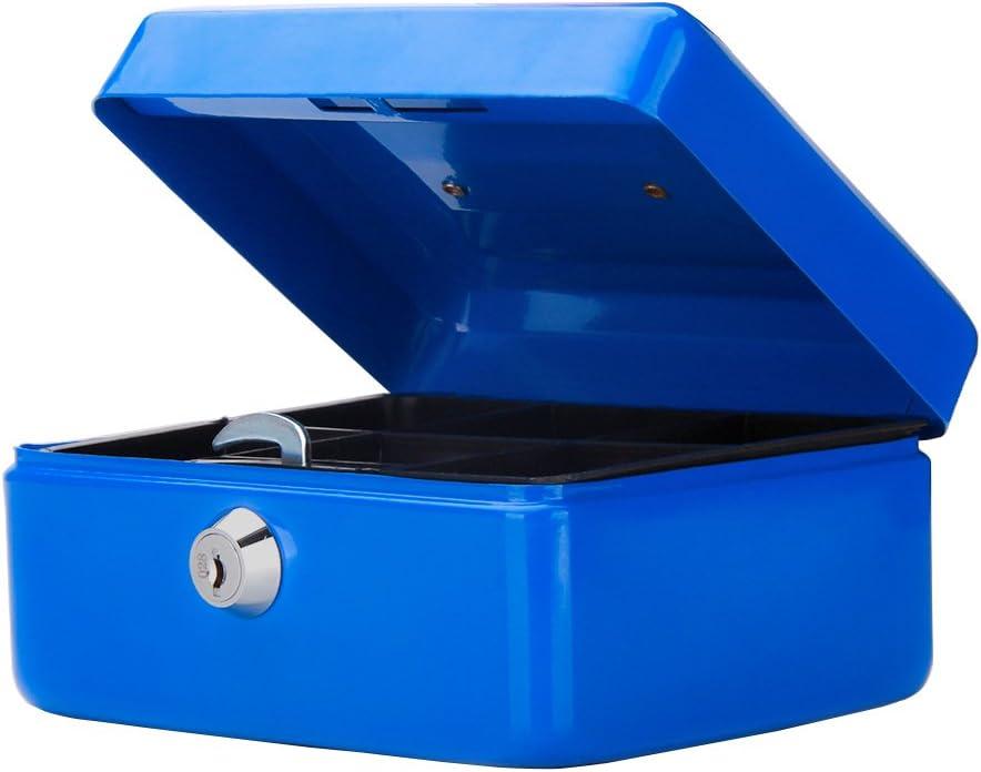Small Cash Box with Key Lock, Decaller Portable Metal Money Box with Double Layer & 2 Keys for Security, Blue, 6 1/5" x 5" x 3", QH1502XS