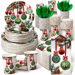 Suttmin 350 Pcs Christmas Paper Plates and Napkins Set 9 Inch 7 Inch Disposable Durable Dinnerware Holiday Xmas Party Supplies Tableware Serve 50 Guest Cups Knife Forks Spoon(Christmas Tree)