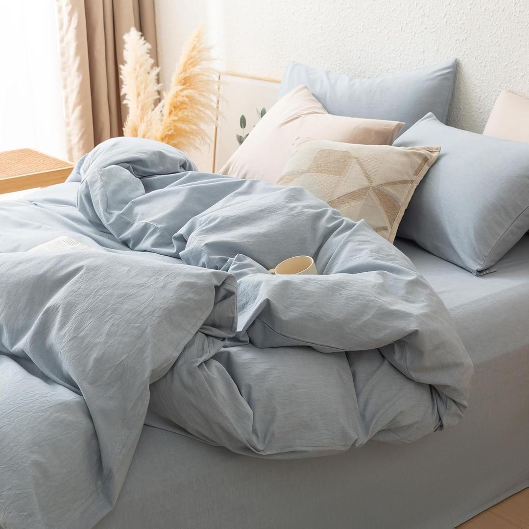100% Washed Cotton Duvet Cover Set Queen Size with Bag, Ultra Soft and Lightweight, All Season Bedding with Zipper and Ties, Minimalist Neutral Style (Dusty Blue, Queen(90"x90"))