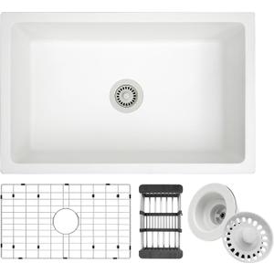 White Kitchen Sink, White Granite Composite Kitchen Sinks with Accessories, 30 Inch Undermount Quartz Stone Kitchen Sink, 30" x 19" x 9" Large and Deep Single Bowl Kitchen Sinks