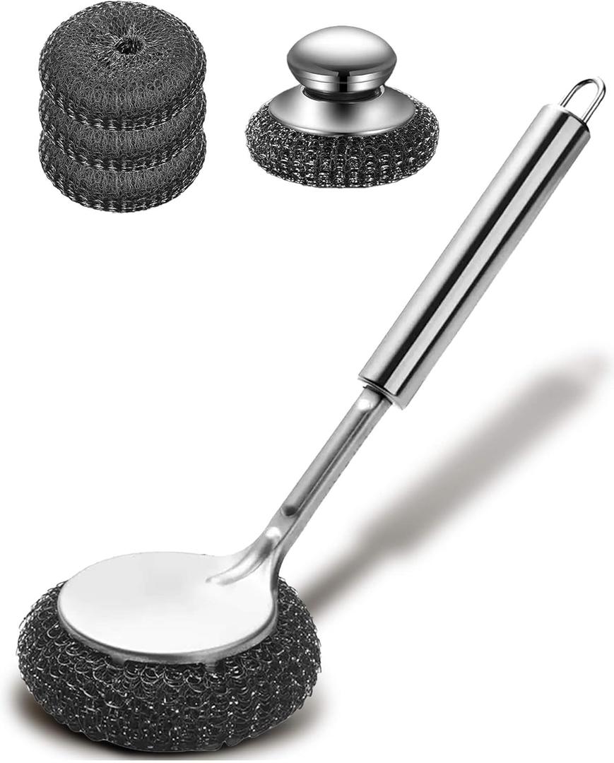 Soilleta 5Pcs Steel Wool Scrubber, Stainless Steel Scrubber Set with Long & Short Handle & 3Pcs Pads, Metal Scrubbers for Cleaning Kitchen, Household, Dishes, Wash Sink, Pots, Pans, Cast Iron, Grills, Stoves